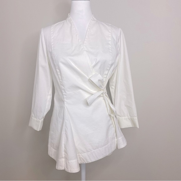 Lafayette 148 New York Stretch Cotton Basilla Wrap Blouse, White, size 4 - Picture 2 of 10